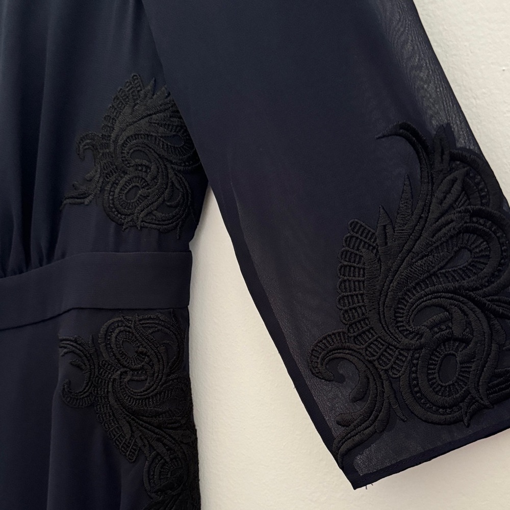 Ted Baker Navy Blue Sleeved Chiffon Dress with Black Embroidery Detail - Picture 3 of 7